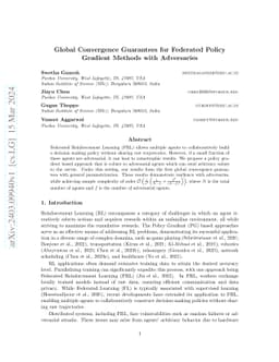 Global Convergence Guarantees for Federated Policy Gradient Methods with
  Adversaries