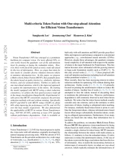 Multi-criteria Token Fusion with One-step-ahead Attention for Efficient
  Vision Transformers