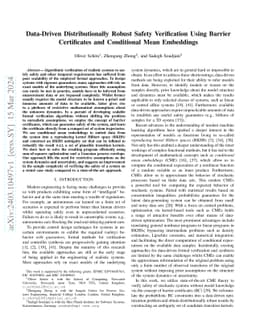 Data-Driven Distributionally Robust Safety Verification Using Barrier
  Certificates and Conditional Mean Embeddings
