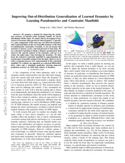 Improving Out-of-Distribution Generalization of Learned Dynamics by
  Learning Pseudometrics and Constraint Manifolds