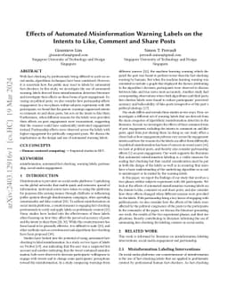 Effects of Automated Misinformation Warning Labels on the Intents to
  Like, Comment and Share Posts
