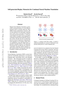 Self-generated Replay Memories for Continual Neural Machine Translation