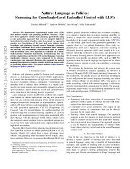 Natural Language as Policies: Reasoning for Coordinate-Level Embodied
  Control with LLMs