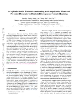An Upload-Efficient Scheme for Transferring Knowledge From a Server-Side
  Pre-trained Generator to Clients in Heterogeneous Federated Learning