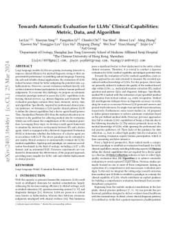 Towards Automatic Evaluation for LLMs' Clinical Capabilities: Metric,
  Data, and Algorithm