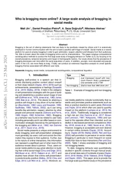 Who is bragging more online? A large scale analysis of bragging in
  social media