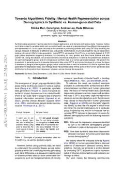 Towards Algorithmic Fidelity: Mental Health Representation across
  Demographics in Synthetic vs. Human-generated Data
