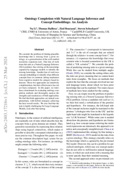 Ontology Completion with Natural Language Inference and Concept
  Embeddings: An Analysis