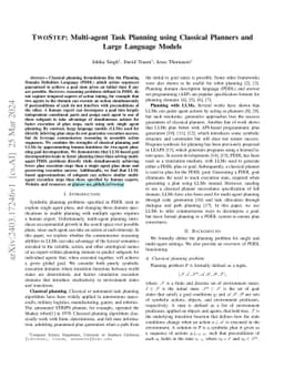 TwoStep: Multi-agent Task Planning using Classical Planners and Large Language Models