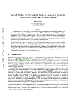 RankMamba: Benchmarking Mamba's Document Ranking Performance in the Era
  of Transformers