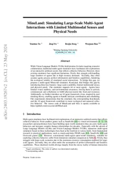 MineLand: Simulating Large-Scale Multi-Agent Interactions with Limited
  Multimodal Senses and Physical Needs
