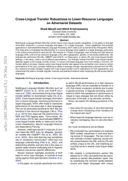 Cross-Lingual Transfer Robustness to Lower-Resource Languages on
  Adversarial Datasets