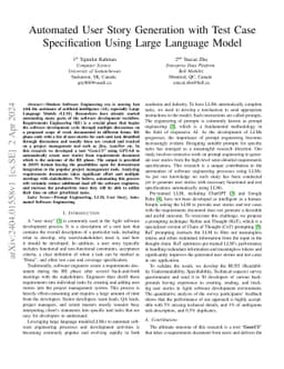 Automated User Story Generation with Test Case Specification Using Large
  Language Model