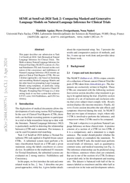 SEME at SemEval-2024 Task 2: Comparing Masked and Generative Language
  Models on Natural Language Inference for Clinical Trials