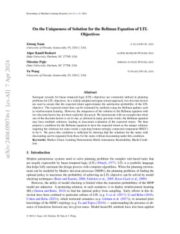 On the Uniqueness of Solution for the Bellman Equation of LTL Objectives