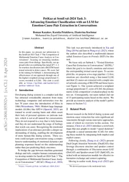 PetKaz at SemEval-2024 Task 3: Advancing Emotion Classification with an
  LLM for Emotion-Cause Pair Extraction in Conversations