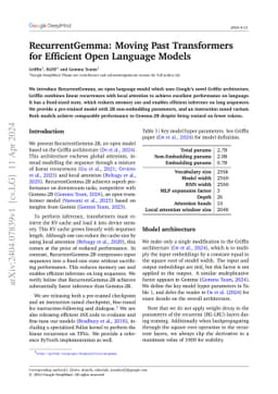 RecurrentGemma: Moving Past Transformers for Efficient Open Language
  Models