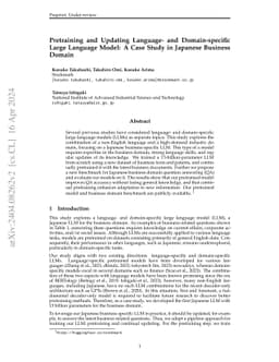 Pretraining and Updating Language- and Domain-specific Large Language
  Model: A Case Study in Japanese Business Domain