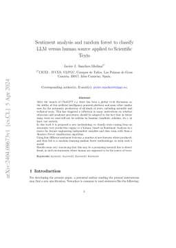 Sentiment analysis and random forest to classify LLM versus human source
  applied to Scientific Texts