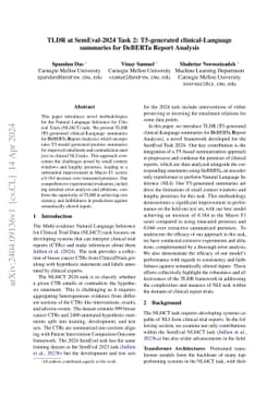 TLDR at SemEval-2024 Task 2: T5-generated clinical-Language summaries
  for DeBERTa Report Analysis