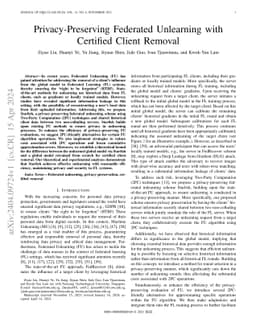Privacy-Preserving Federated Unlearning with Certified Client Removal