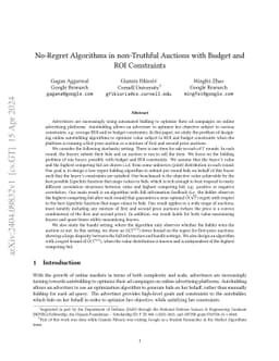 No-Regret Algorithms in non-Truthful Auctions with Budget and ROI
  Constraints