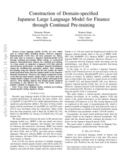 Construction of Domain-specified Japanese Large Language Model for
  Finance through Continual Pre-training