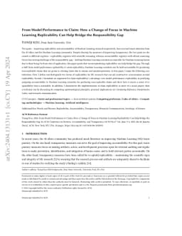 From Model Performance to Claim: How a Change of Focus in Machine
  Learning Replicability Can Help Bridge the Responsibility Gap