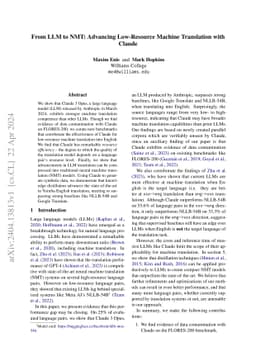 From LLM to NMT: Advancing Low-Resource Machine Translation with Claude