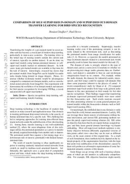 Comparison of self-supervised in-domain and supervised out-domain
  transfer learning for bird species recognition