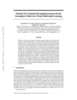 Masked Two-channel Decoupling Framework for Incomplete Multi-view Weak
  Multi-label Learning