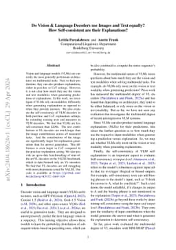 Do Vision & Language Decoders use Images and Text equally? How Self-consistent are their Explanations?