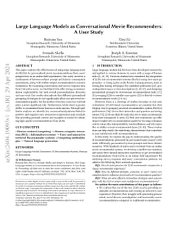 Large Language Models as Conversational Movie Recommenders: A User Study