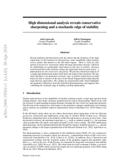 High dimensional analysis reveals conservative sharpening and a stochastic edge of stability