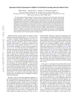 Quantum-Classical Separations in Shallow-Circuit-Based Learning with and
  without Noises
