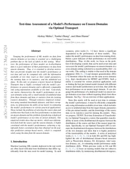 Test-time Assessment of a Model's Performance on Unseen Domains via
  Optimal Transport