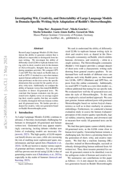Investigating Wit, Creativity, and Detectability of Large Language
  Models in Domain-Specific Writing Style Adaptation of Reddit's Showerthoughts