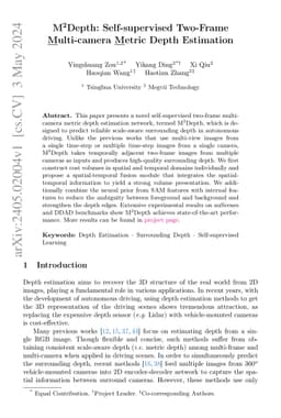 M${^2}$Depth: Self-supervised Two-Frame Multi-camera Metric Depth
  Estimation