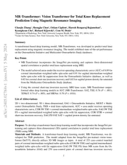 MR-Transformer: Vision Transformer for Total Knee Replacement Prediction
  Using Magnetic Resonance Imaging