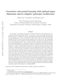 Generative adversarial learning with optimal input dimension and its
  adaptive generator architecture