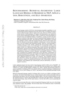 Benchmarking Retrieval-Augmented Large Language Models in Biomedical
  NLP: Application, Robustness, and Self-Awareness
