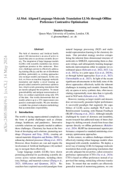 ALMol: Aligned Language-Molecule Translation LLMs through Offline
  Preference Contrastive Optimisation