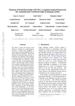 Elements of World Knowledge (EWOK): A cognition-inspired framework for
  evaluating basic world knowledge in language models