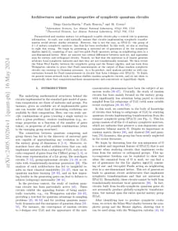 Architectures and random properties of symplectic quantum circuits