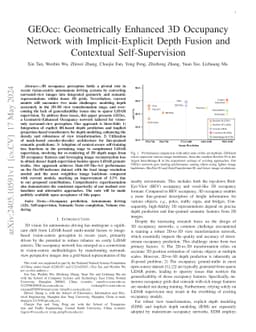 GEOcc: Geometrically Enhanced 3D Occupancy Network with Implicit-Explicit Depth Fusion and Contextual Self-Supervision