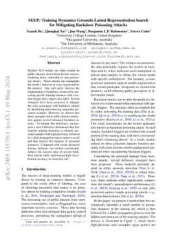 SEEP: Training Dynamics Grounds Latent Representation Search for
  Mitigating Backdoor Poisoning Attacks