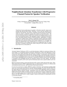Neighborhood Attention Transformer with Progressive Channel Fusion for
  Speaker Verification
