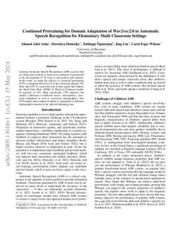 Continued Pretraining for Domain Adaptation of Wav2vec2.0 in Automatic
  Speech Recognition for Elementary Math Classroom Settings