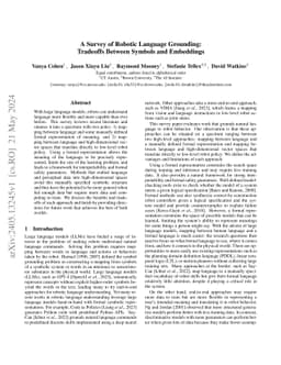 A Survey of Robotic Language Grounding: Tradeoffs between Symbols and
  Embeddings
