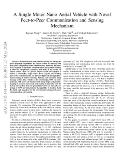 A Single Motor Nano Aerial Vehicle with Novel Peer-to-Peer Communication
  and Sensing Mechanism
